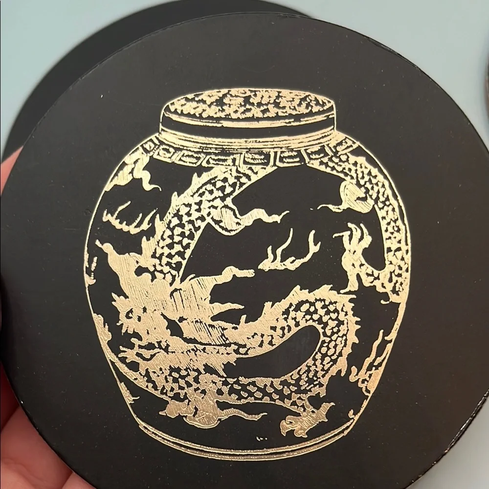 *3 for $15 item* Elegant Pinyin Press Black and Gold Ginger Jar Coasters Set - Picture 3 of 6